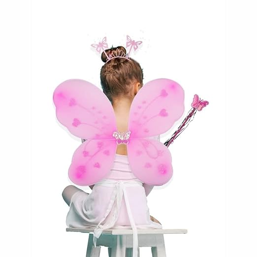 Butterfly Fairy Angel Wing, Wand And Headband Set,Costume For Girls Kids Angel For Butterfly Wings- Set Of 3,Satin (Pink)