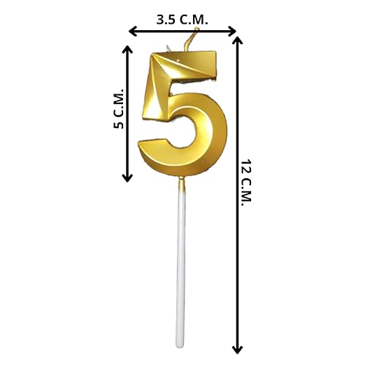 Gold Metallic Candle | Five Number Candle for Birthday, Anniversary, Surprise Parties - Cake Decoration