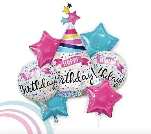Happy Birthday Decoration Kit - Set of 5 Hat Foil Balloon Bouquet/Decoration Items for Kids & Adults