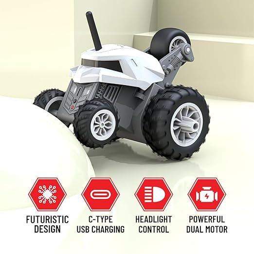 Warrior 360 Degree Rotating Stunt RC Car Toy for Kids | High Speed Steering Remote Control Vehicle | USB Type-C Rechargeable | Made in India (White)