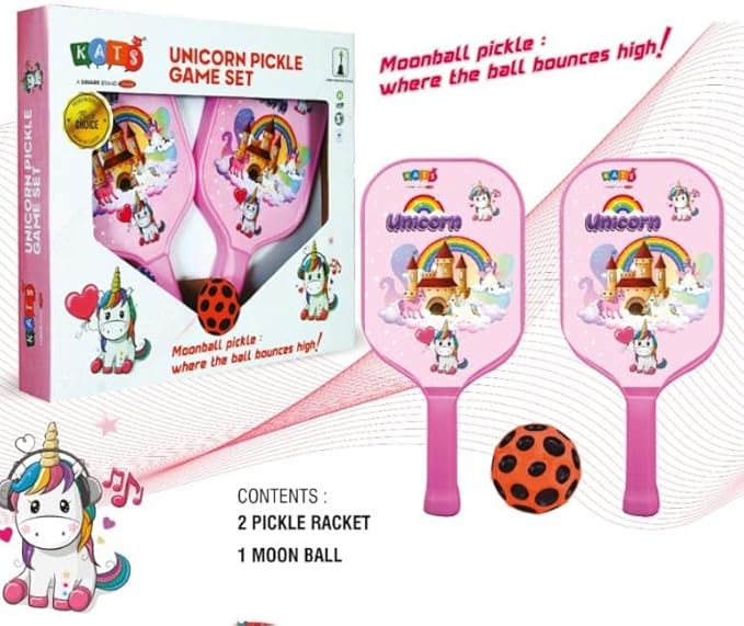Fairyfolic Kids Pickleball Racket Set – 2 Lightweight Paddles 1 Soft Moon Ball – Fun Indoor & Outdoor Game for Kids – Unicorn & Space Designs Friendly Sports Toy for Boys & Girls (Pink-Unicorn)