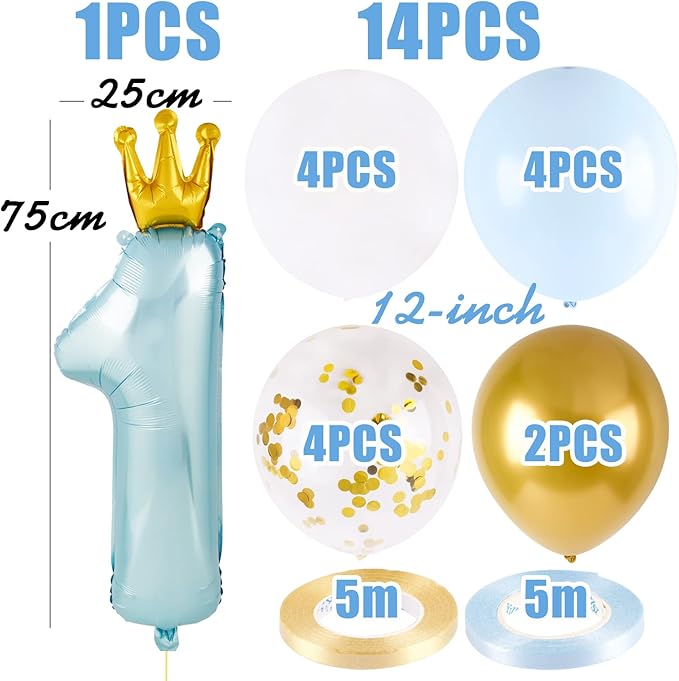 15pcs 1st Birthday Decoration for Boys - Balloon Number 1 Blue Foil Balloon, 14 Latex Balloons White Gold Confetti - First Birthday Party Decoration (Blue)