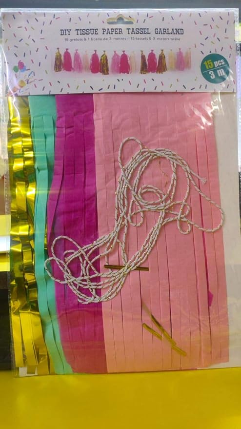 (15 Pcs., 3 Mtr.) Tissue Paper Tassels Garland Wedding Home Decor Crafts Birthday Party Events Supplies Balloons Ribbon - (Light Pink, Green, Golden & Dark Pink