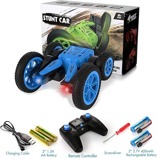 Stunt Car Toy, 4WD 2.4Ghz Remote Control Car Double Sided Drive 360° Rotating & Tumbling, High Speed, Cool Lights, Off-Road Racing Vehicle Gift Toy Cars for 3+ Girls and Boys, Blue