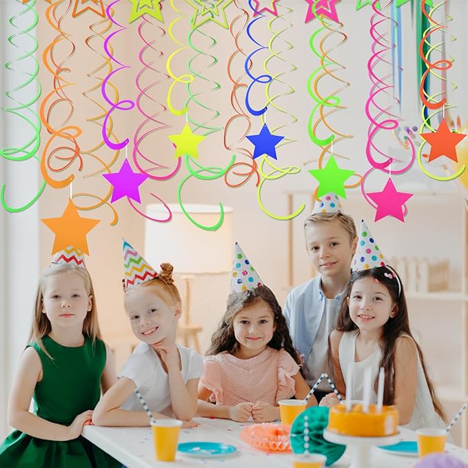 5 Pieces Glow Party Supplies Hanging Swirl Decorations Neon Star Swirl Hanging Decorations for Neon Party Glow Party Ceiling Decorations