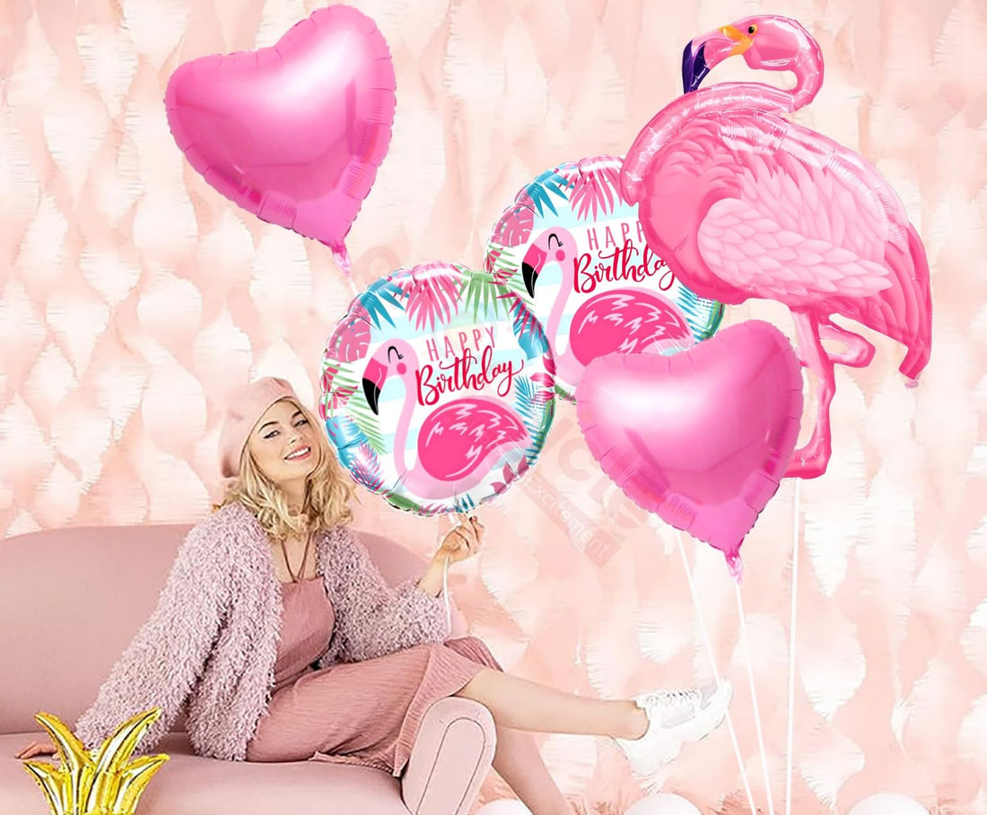 Flamingo Theme Foil Balloons Set For Girl Birthday Party Decoration Pink Princess Balloon Bouquet For Kids - Pack of 5