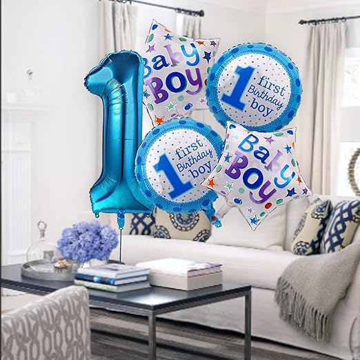 Printed 1st Birthday Boy Balloon Decoration for Happy Birthday Baby Shower Celebrations Balloon Bouquet  (Blue, Pack of 5)