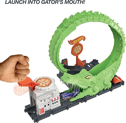 Hot Wheels Track Set with 1 Hot Wheels® Car, Adjustable Track That Connects to Other Sets, Gator Loop Pizza Place Playset