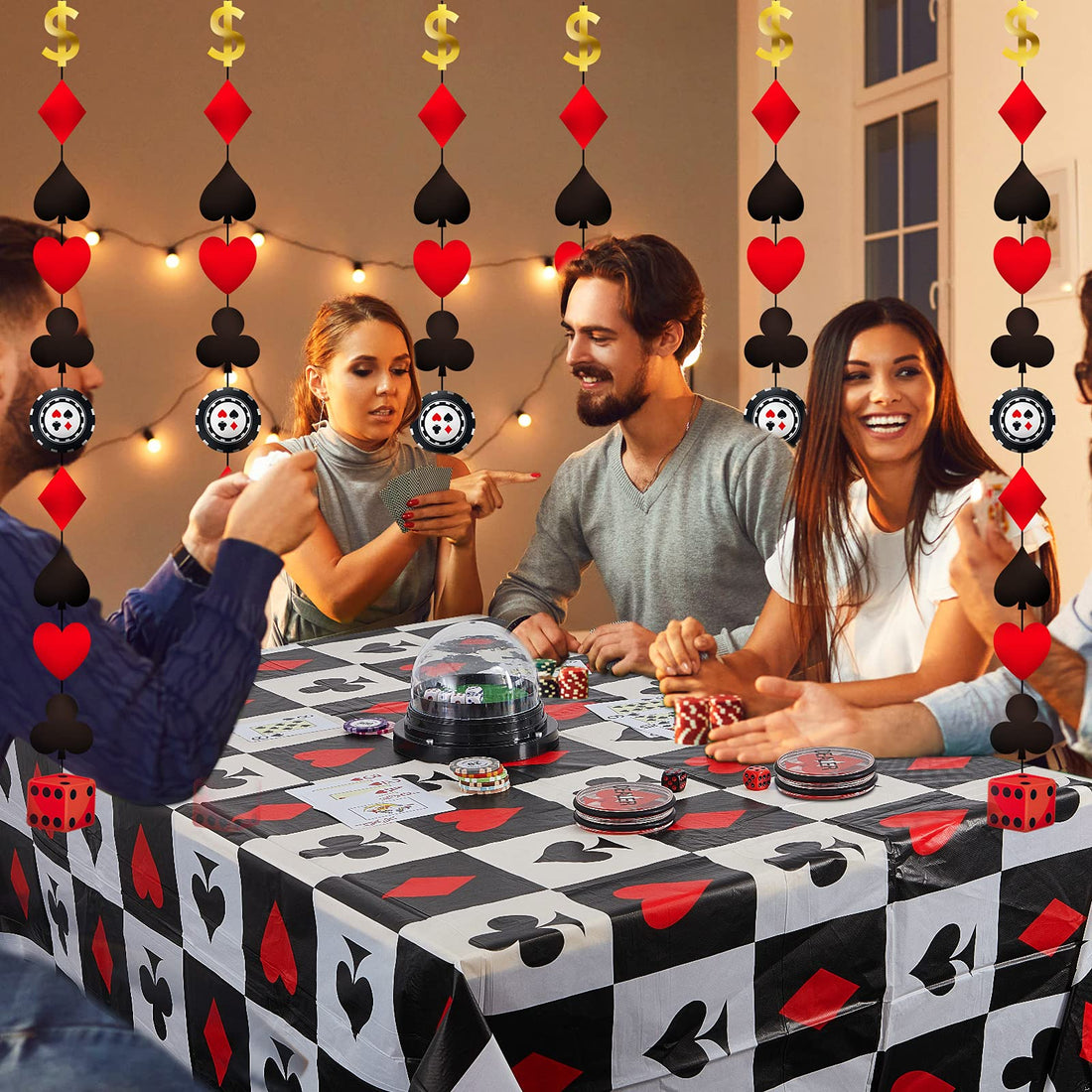 Pieces Casino Party Decorations Tablecloth Foil Hangings Table Cover Party Ceiling Game Night Party Decorations for Birthday Party Supplies (Casino Color)