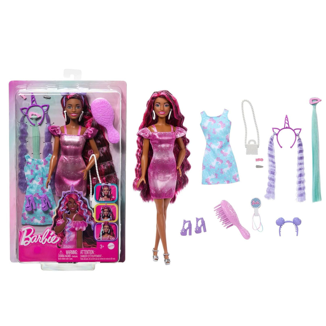 Barbie Fun & Fancy Hair Doll With Extra-Long Colorful Black Hair And Styling Accessories