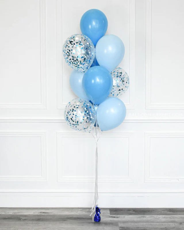 Birthday Bunch Of Silver Confetti , Blue  And Sky Blue Latex Balloon Bunch( 20 peices).