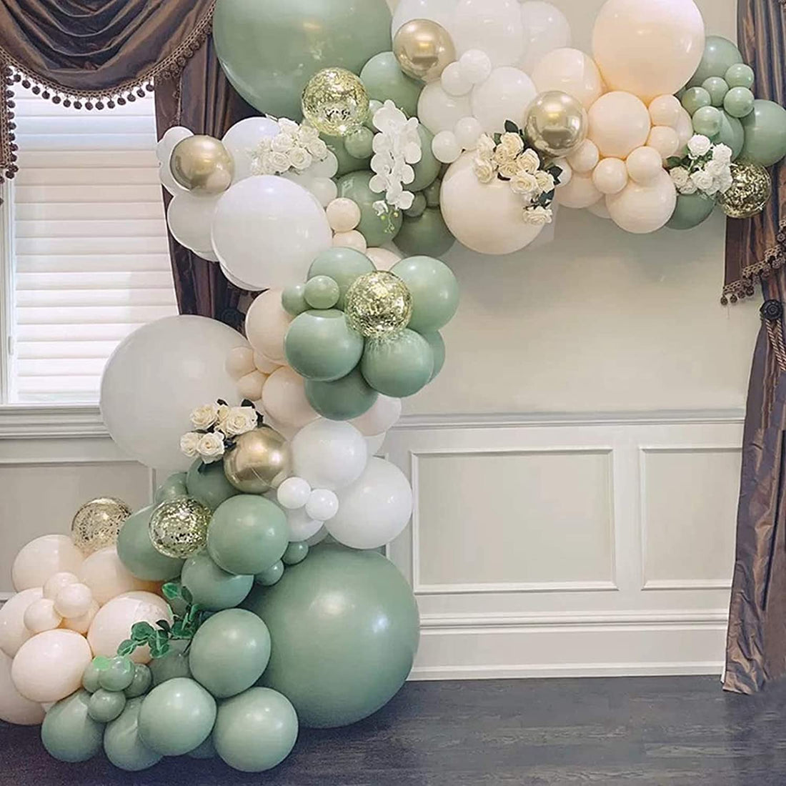 66 Pcs Sage Green Retro Cream & White Balloon Arch Kit With Golden Chrome Balloons for Birthday,Anniversary, Welcome Baby, Baby Shower, Theme Party Decoration (SGWC Arch Garland)