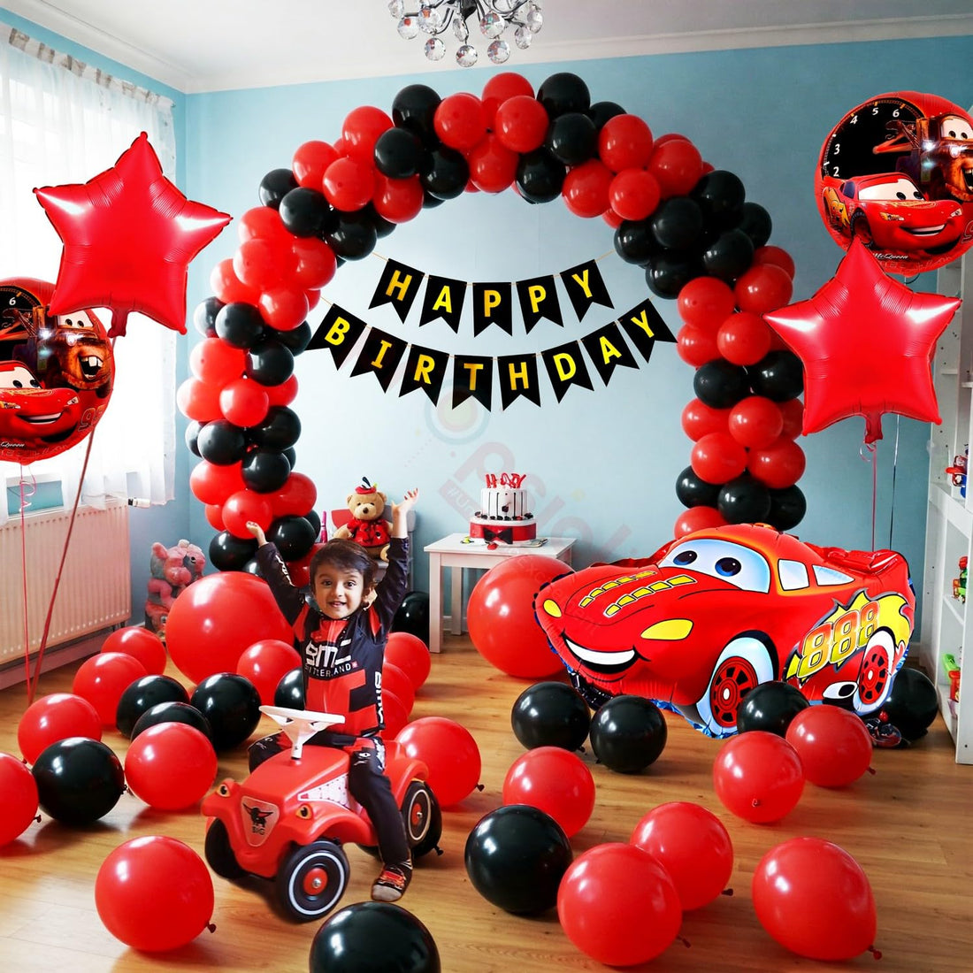 Racing Car Theme Birthday Party Decoration Kit For Boys, 104 Pieces, Black and Red Balloons with Black Fishtail Paper Banner