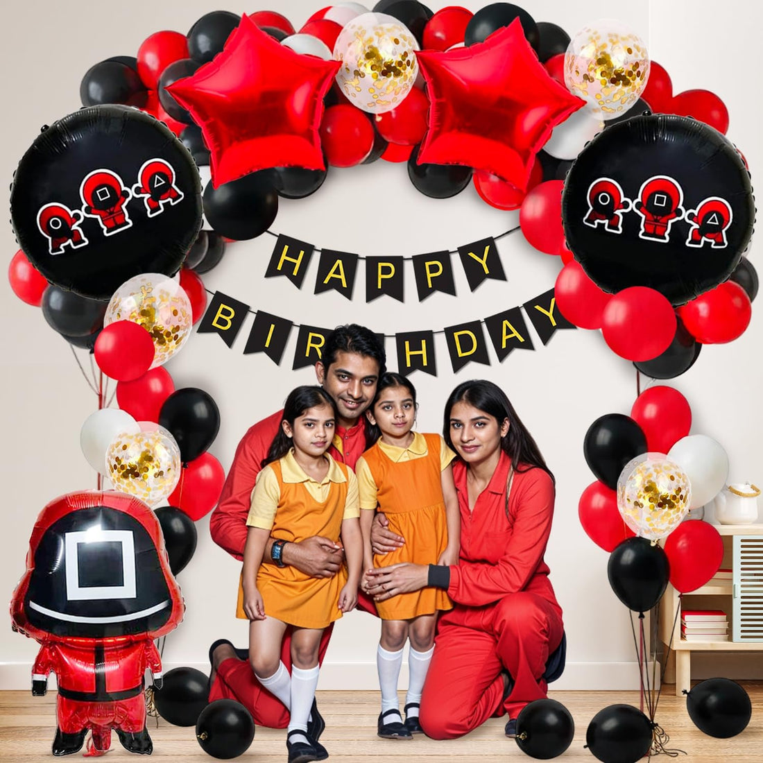 Birthday Decoration Kit - 84 Pcs Game Theme Birthday Decoration Items for Kids, Squid Game Decoration, Happy Birthday Banner, Foil Balloons, Confetti Balloons, Arch Kit & Decor