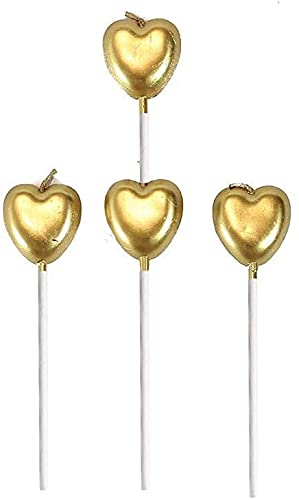 Heart Shape Cake Candles | Birthday Cake Topper with Holder for Cupcake Wedding (Gold Metallic Heart Shape Cake Candles)