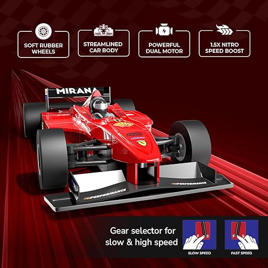 Mirana Super Car | USB Rechargable Type-C | in-Built Bluetooth Speaker | 1:12 Size High-Speed Dual Motor Formula 1 RC Car | Long Range Remote & App Controlled F1 Toy for Kids 4+ 5+ 6+ Years (Red)
