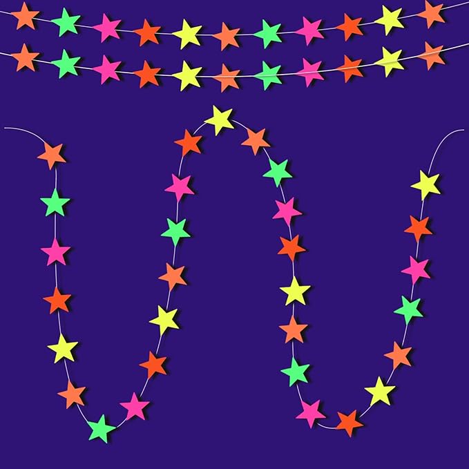 5 feet Glow in The Dark Neon Star Paper Garland Under Blacklight for Birthday Party Supplies and Decorations Hanging Fluorescent Green Pink Streamers for Party Favors Wedding Accessories