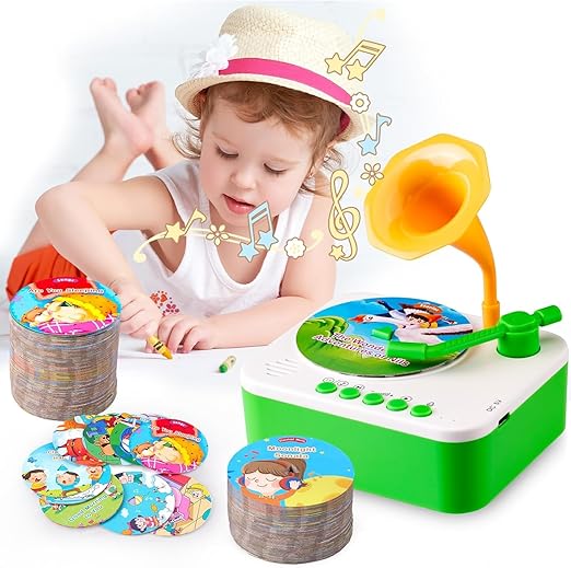 Gramophone with 96 Cards Story Telling Phonograph Music Player Learn Stories, Fables Songs Classical DIY Cards Toddler Gramophone Toy Audiobooks Education Gift for Kids Boys Girls