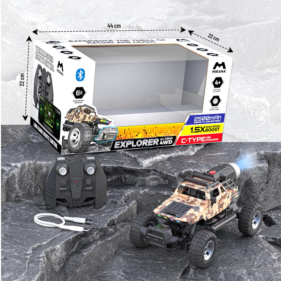 Explorer 4WD 4x4 RC Car Toy for Kids - Remote & App Controlled Vehicle - Off Road Rock Crawler Monster Truck ATV - Type-C USB Rechargeable - for Boys & Girls 3 to 10 Years (Desert Camo)