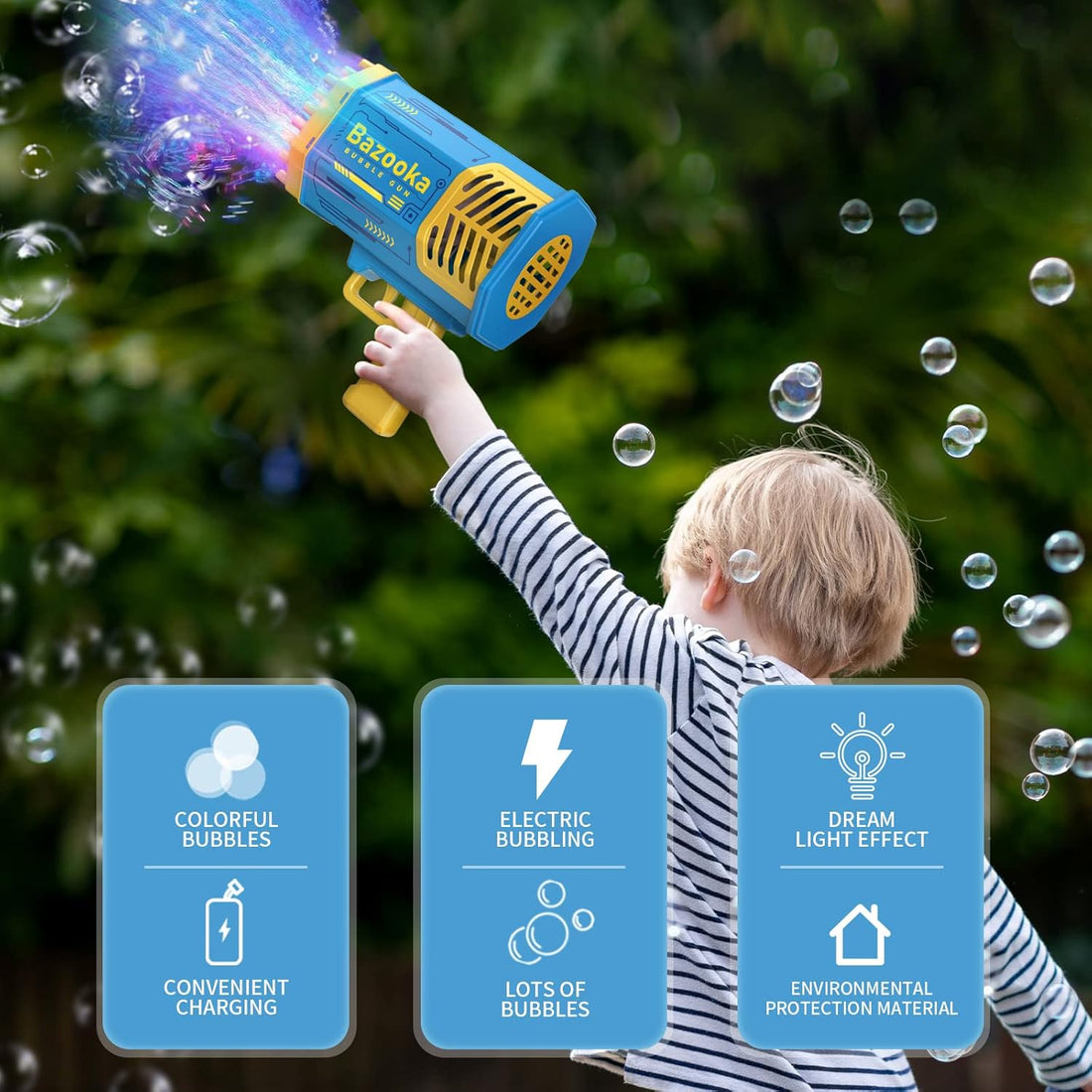 Bubble Gun with Light Bubble Solution,69 Holes Bubbles Rocket Launcher Gun Machine with Colorful Lights for Adults Kids, Giant Foam Maker Guns Toys Wedding Outdoor Party Favors Gift (yellow)