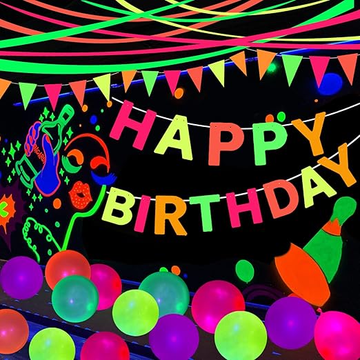 Neon Happy Birthday Banner Glow in the Dark Glow Party Supplies Decorations Glow in the Dark Blacklight Reactive Fluorescent Neon Party Supplies Birthday Black Light Party (Happy Birthday Banner)