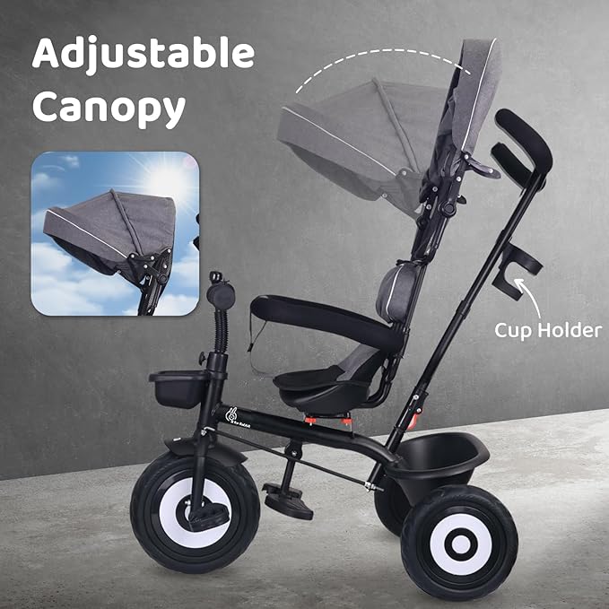 R for Rabbit Tiny Toes T40 Ace Tricycles for Kids with Premium EVA Wheels, 360° Rotatable Seat, Storage Basket & Canopy | Baby Trike Cycle for 1.5 to 5 Years, Upto 25 Kg Boy & Girl (Grey Black)