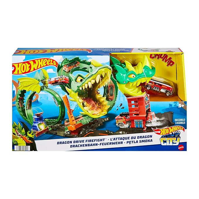 Hot Wheels City Fire Dragon Fire Station Playset with Dragon Body Track to Defeat 1 Free Car Toy for Children 5+ Years HJV70