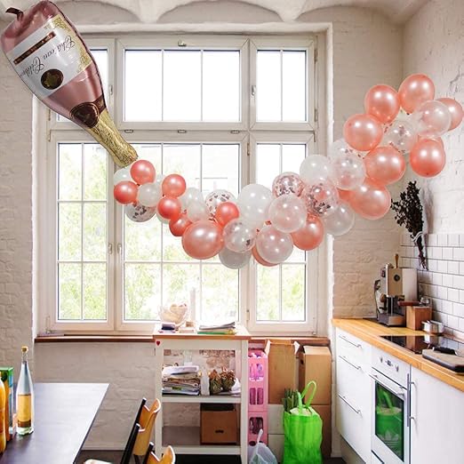 Rose Gold Champagne Balloon Garland Kit 90 Pcs – Party Decoration Set with Giant Champagne Bottle Foil Balloon for Bridal Showers, Birthdays & Celebrations